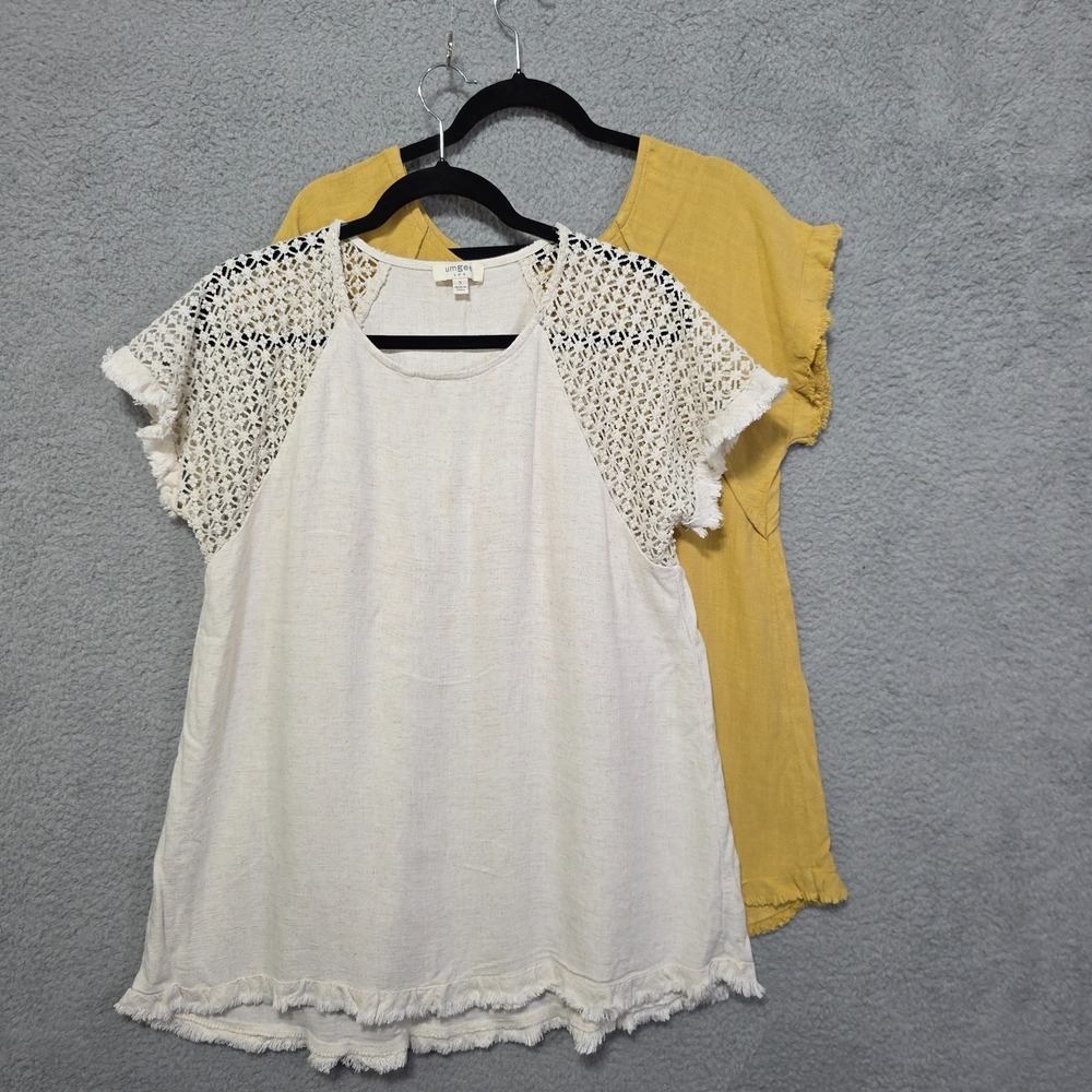 Umgee Womens Linen Short Sleeve Raw Hem Top Size Small Lot of 2 Yellow Cream